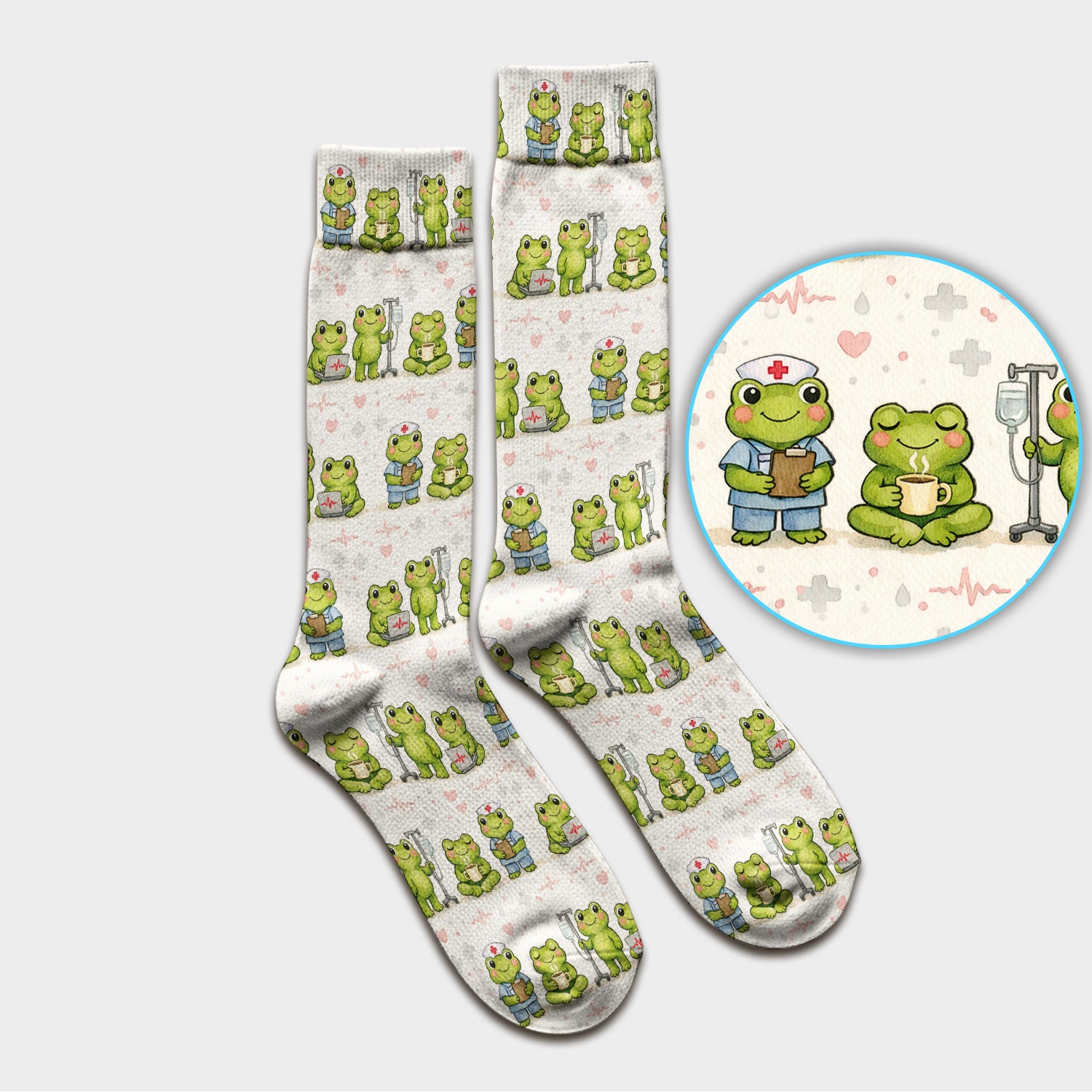 Adorable Frog Nurse Various Poses Print Socks, Breathable Fabrics Medical Uniform