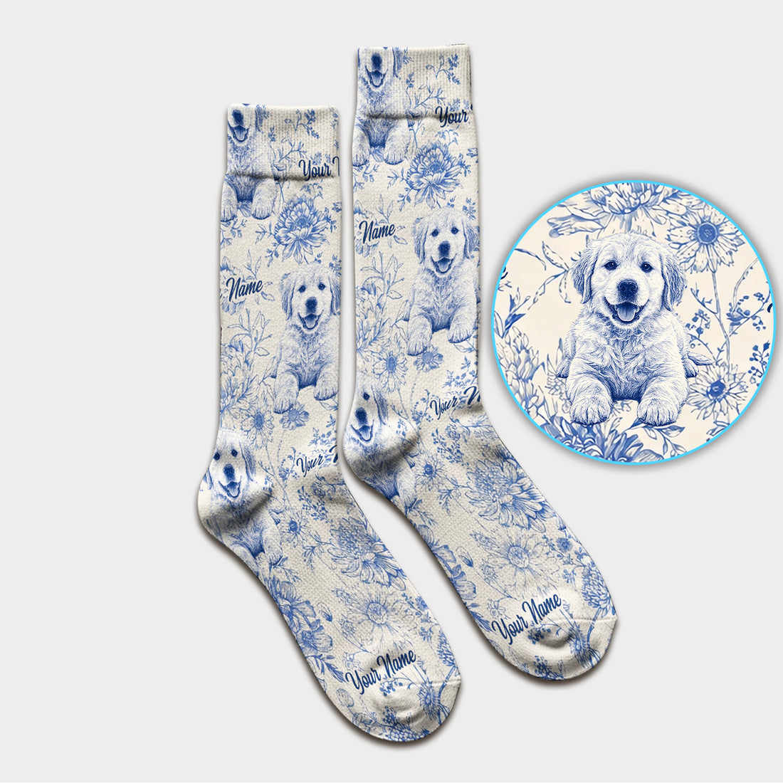 Personalized Custom Pet Photo Name Floral Pattern Socks, Adult Socks for Men and Women