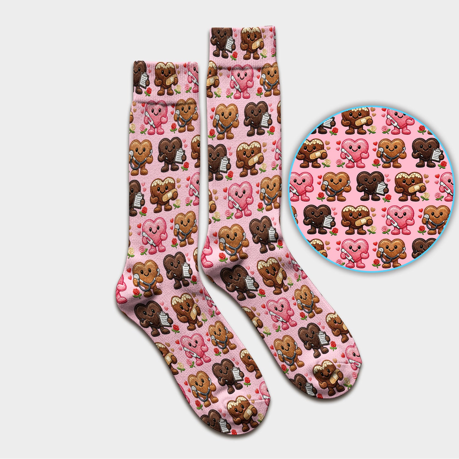 Valentine Heart Nurse Scrub Socks, Cute Medical Love Pattern Sock, Breathable Fabrics Nursing Uniform