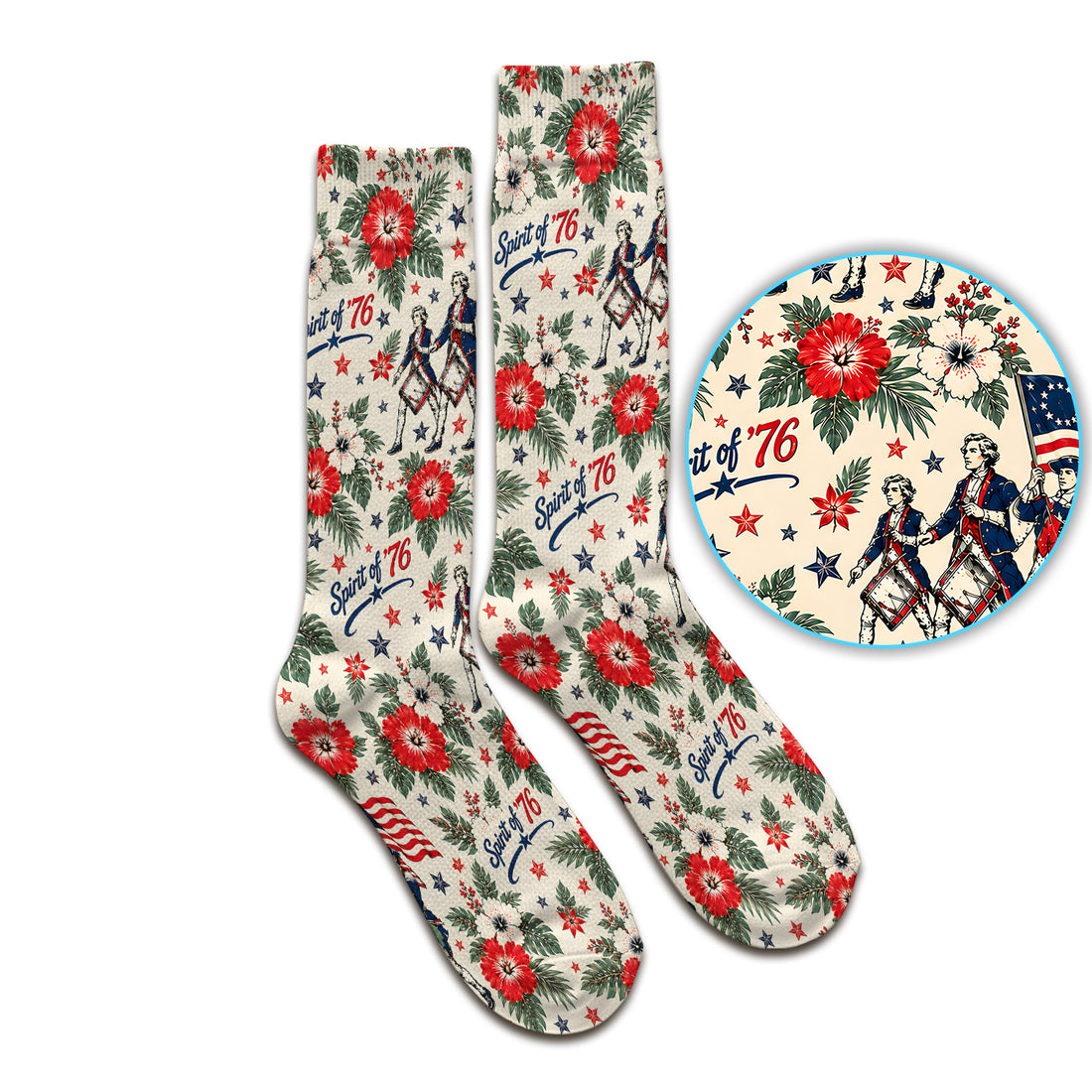 Vintage 1776 Patriot with Floral Flag Socks, Adult Socks for Men and Women
