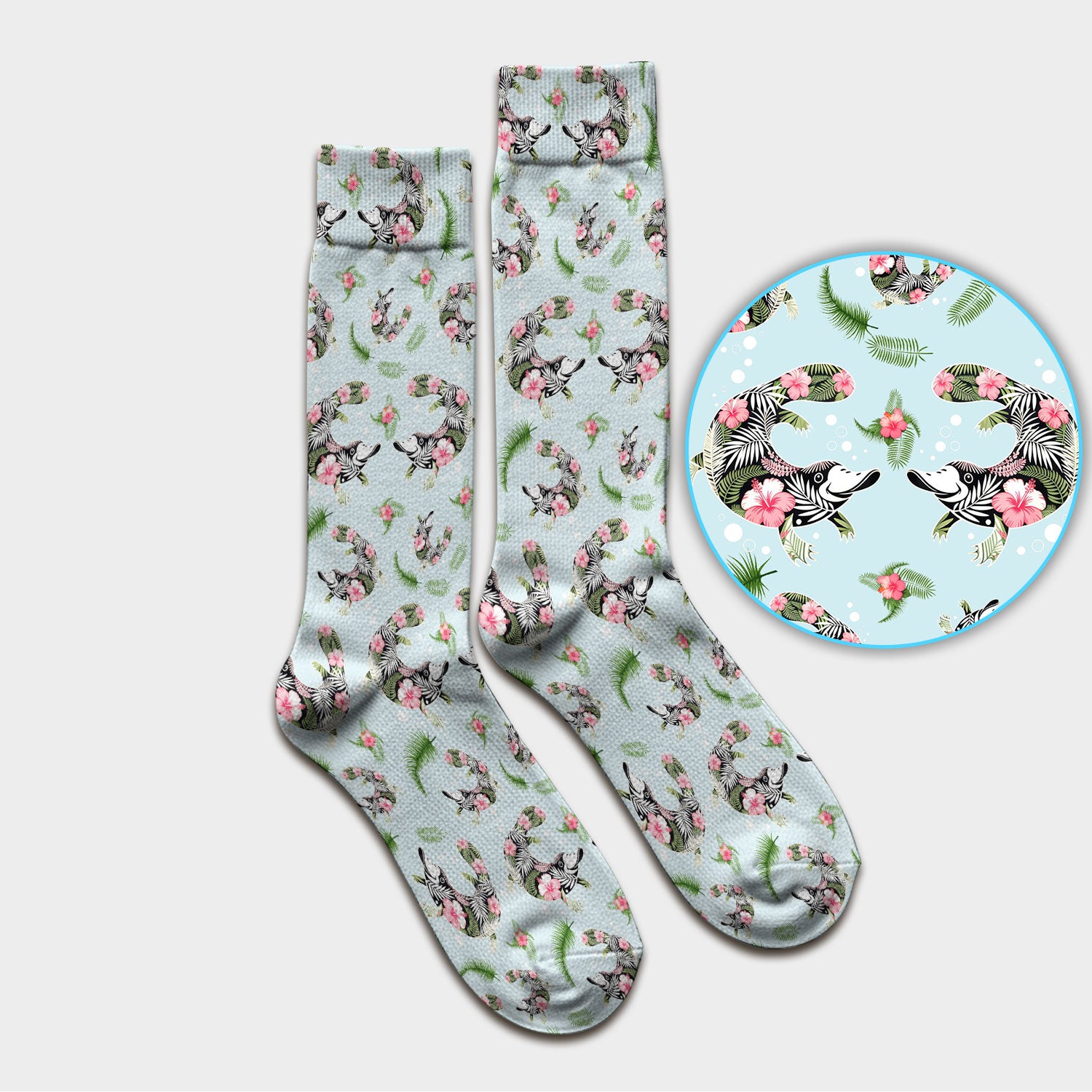 Cute Platypus Scrub Socks, Tropical Floral Animal Pattern Nurse Sock, Breathable Fabrics Nursing Uniform