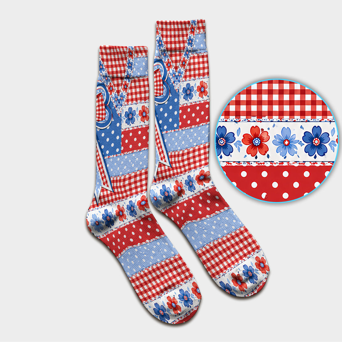 Patriotic Gingham Bow Floral Pattern Socks, Adult Socks for Men and Women
