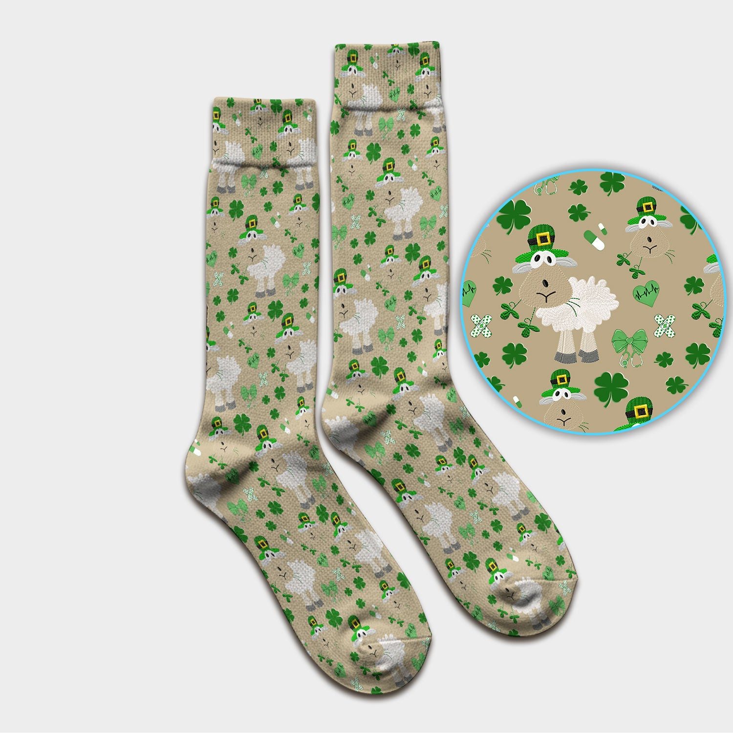 Nurse St. Patrick Scrubs Socks, Cute Sheep Shamrock Pattern Nurse Sock, Breathable Fabrics Nursing Uniform