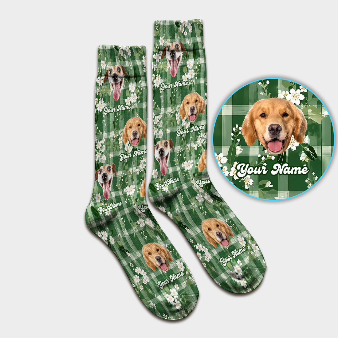 Custom Dog Face Socks, Dog Green Plaid Floral Pattern, Adult Socks for Men and Women