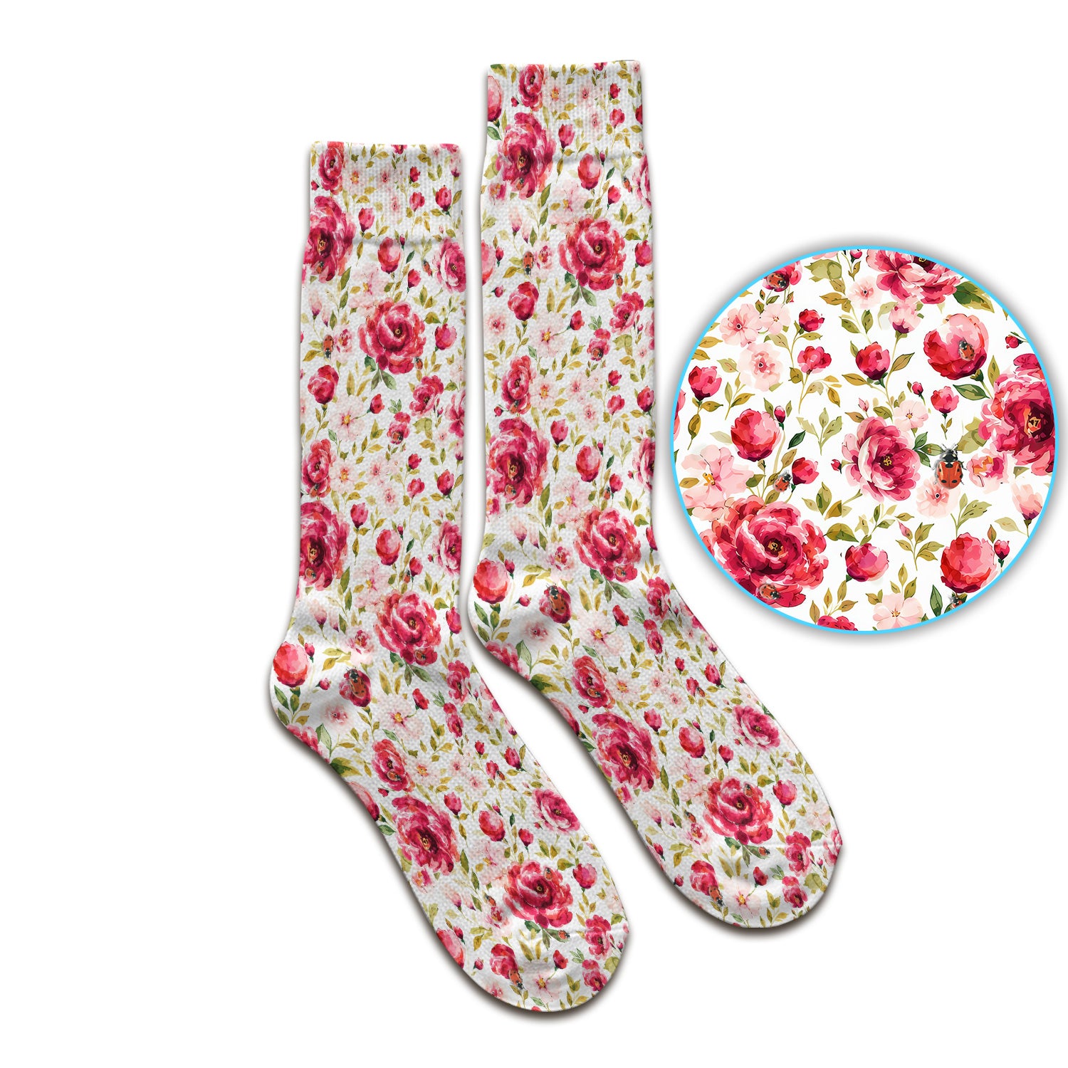 Pink Rose Ladybug Garden Pattern Socks, Adult Socks for Men and Women
