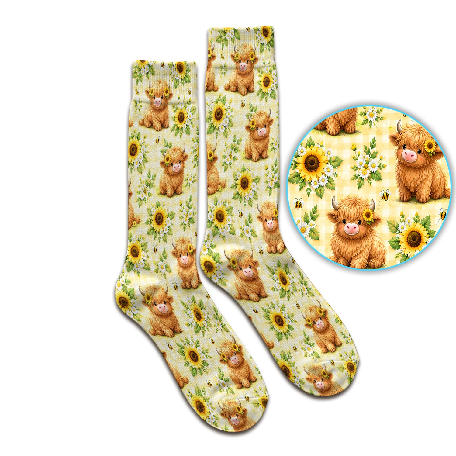 Sunflower Highland Cow And Bee Pattern Socks, Adult Socks for Men and Women