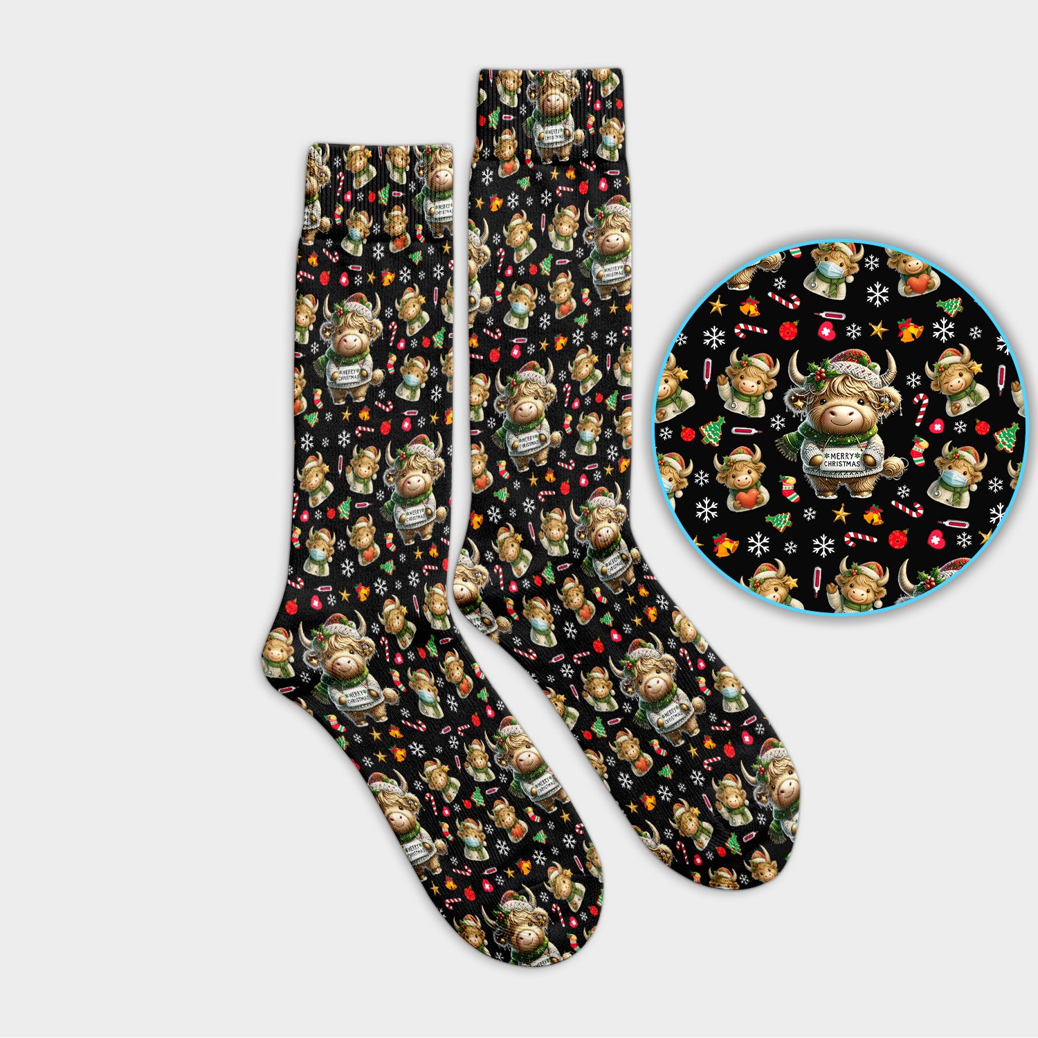 Highland Cow Christmas Socks, Funny Holiday Cow Pattern Nurse Socks, Cozy Medical Crew Socks, Perfect Christmas Gift For Nursing