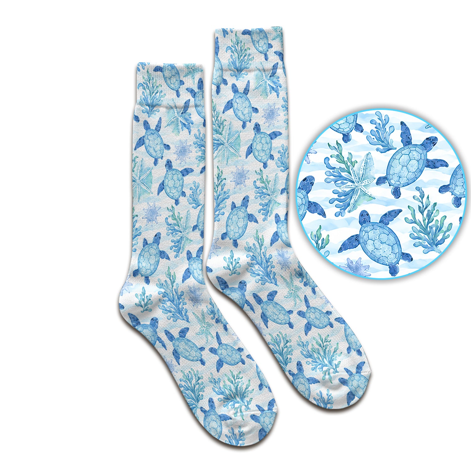 Cute Coastal Sea Turtle Coral Pattern Socks, Adult Socks for Men and Women