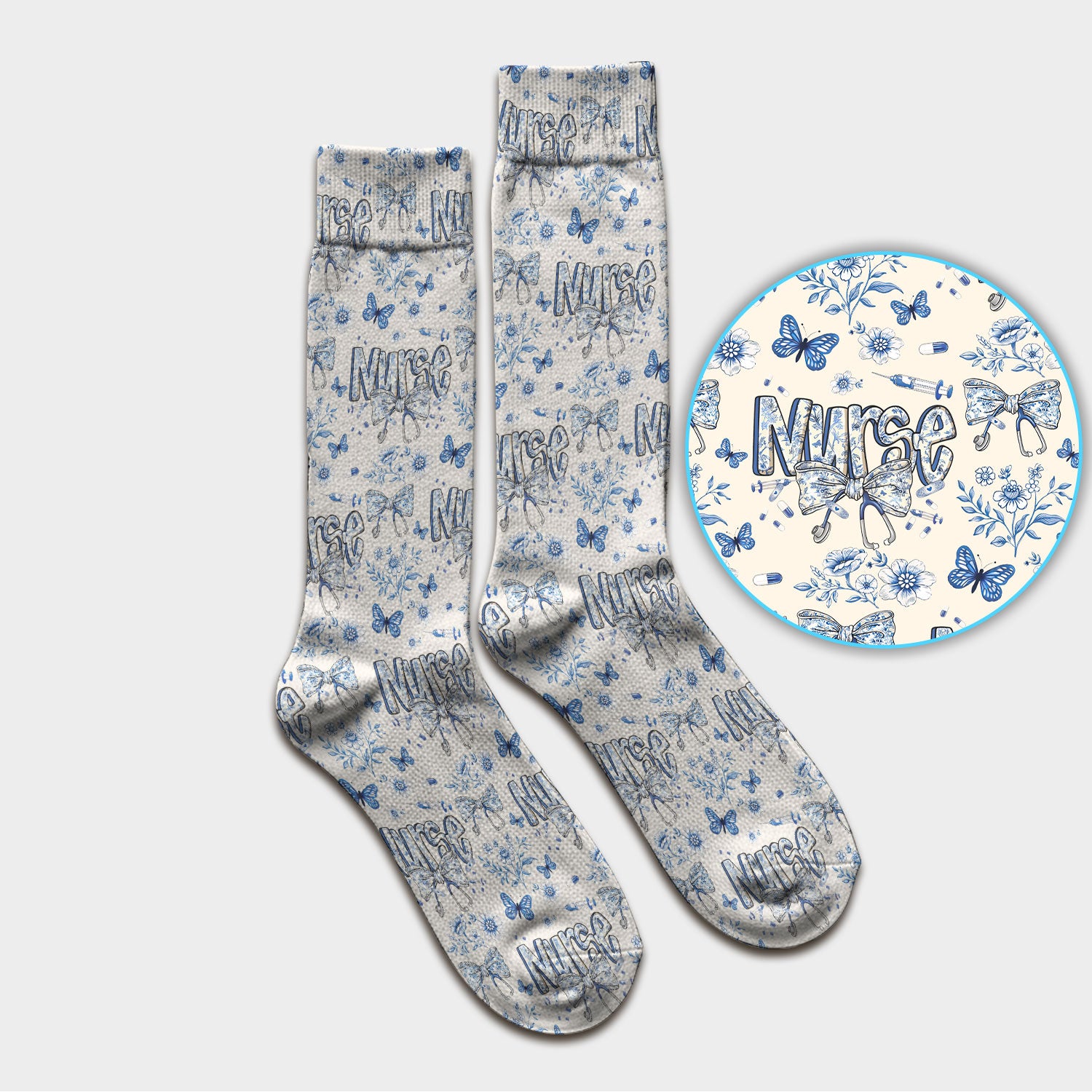 Blue Nurse Bow Floral Butterfly Pattern Socks, Breathable Fabrics Medical Uniform