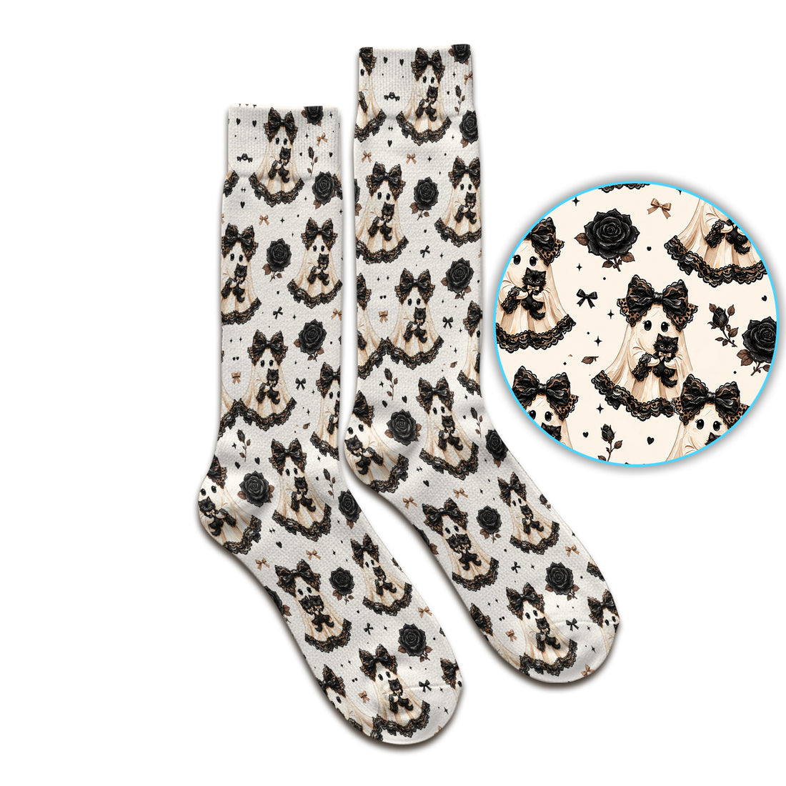 Halloween Ghost Black Cat Pattern Socks, Adult Socks for Men and Women