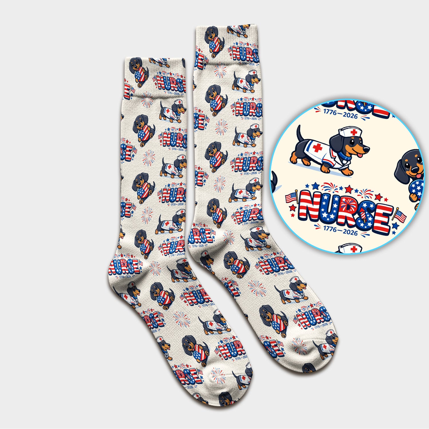 Proud Nurse Patriotic Dachshund Medical Firework Pattern Socks, Breathable Fabrics Medical Uniform