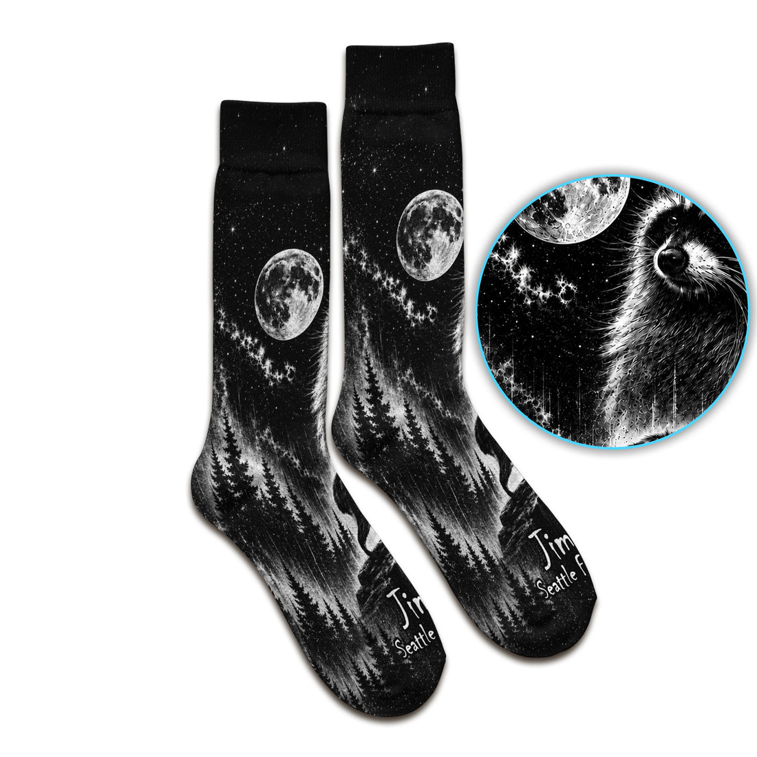 Moonlit Raccoon Forest Print Socks, Adult Socks for Men and Women