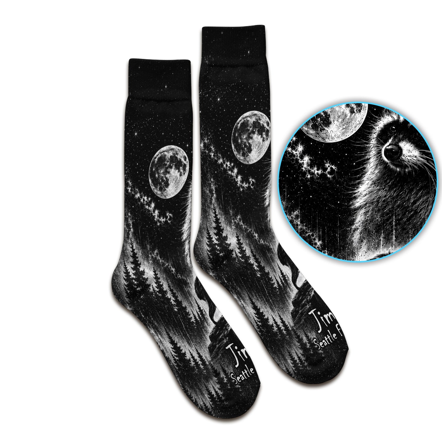 Moonlit Raccoon Forest Print Socks, Adult Socks for Men and Women