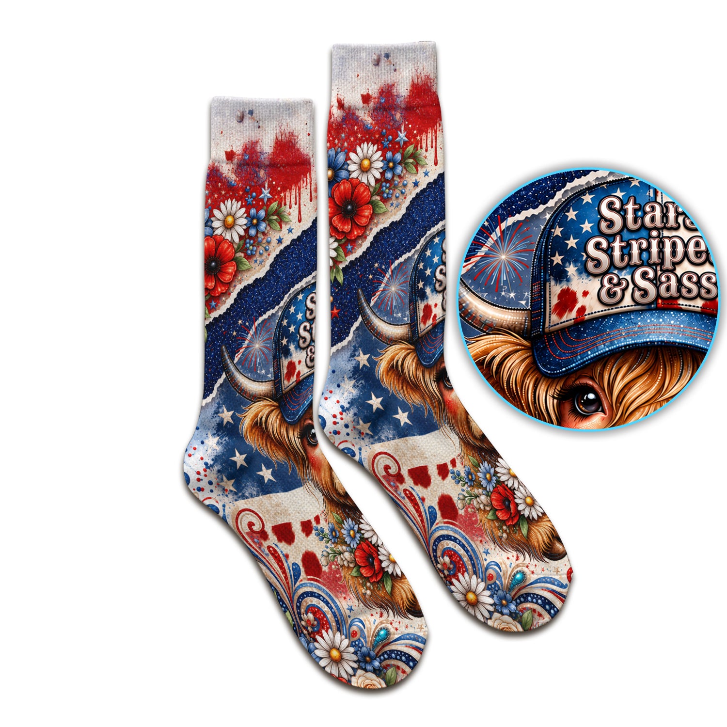 Patriotic Highland Cow Nurse Pattern, Healthcare Workers Socks, Adult Socks for Men and Women