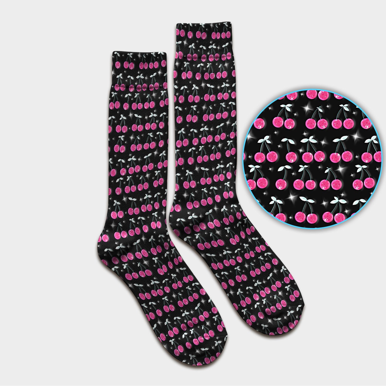 Pink Cherry Sparkle Print Socks, Adult Socks for Men and Women