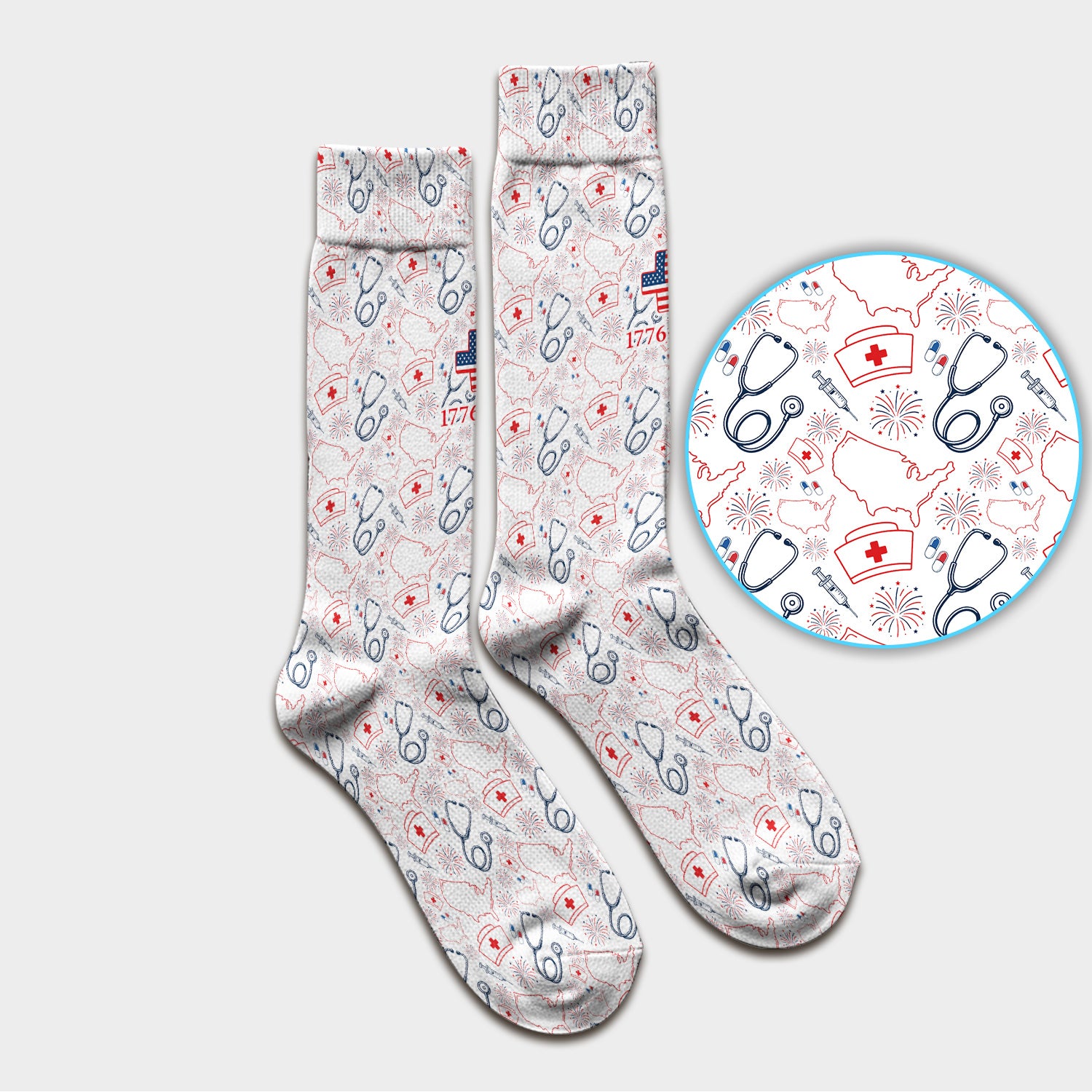 Patriotic Nurse Stethoscope Flag Pattern Socks, Adult Socks for Men and Women