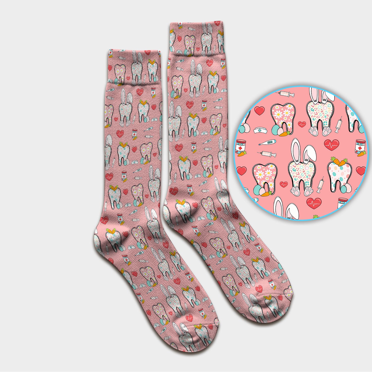 Playful Bunny Dentist Illustration Medical Socks, Adult Socks for Men and Women