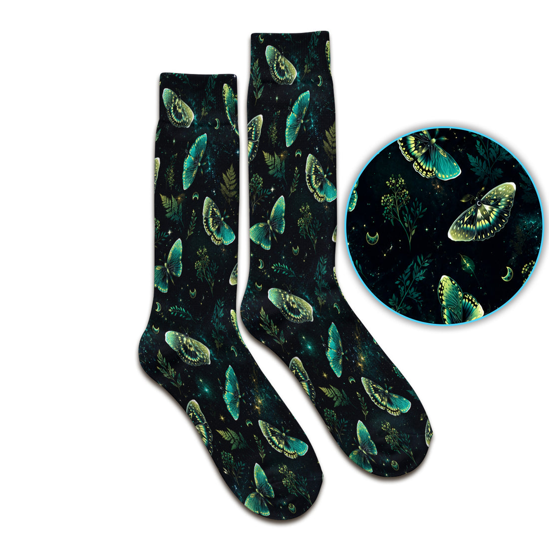Mystical Moonlight Butterfly Garden Pattern Socks, Adult Socks for Men and Women