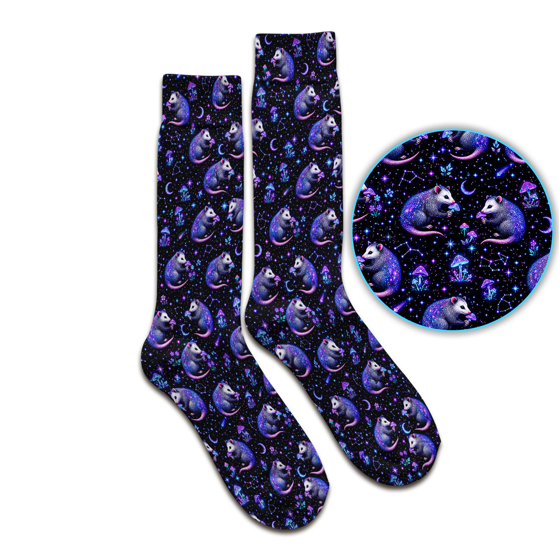 Celestial Purple Opossum With Mushroom Pattern Socks, Adult Socks for Men and Women