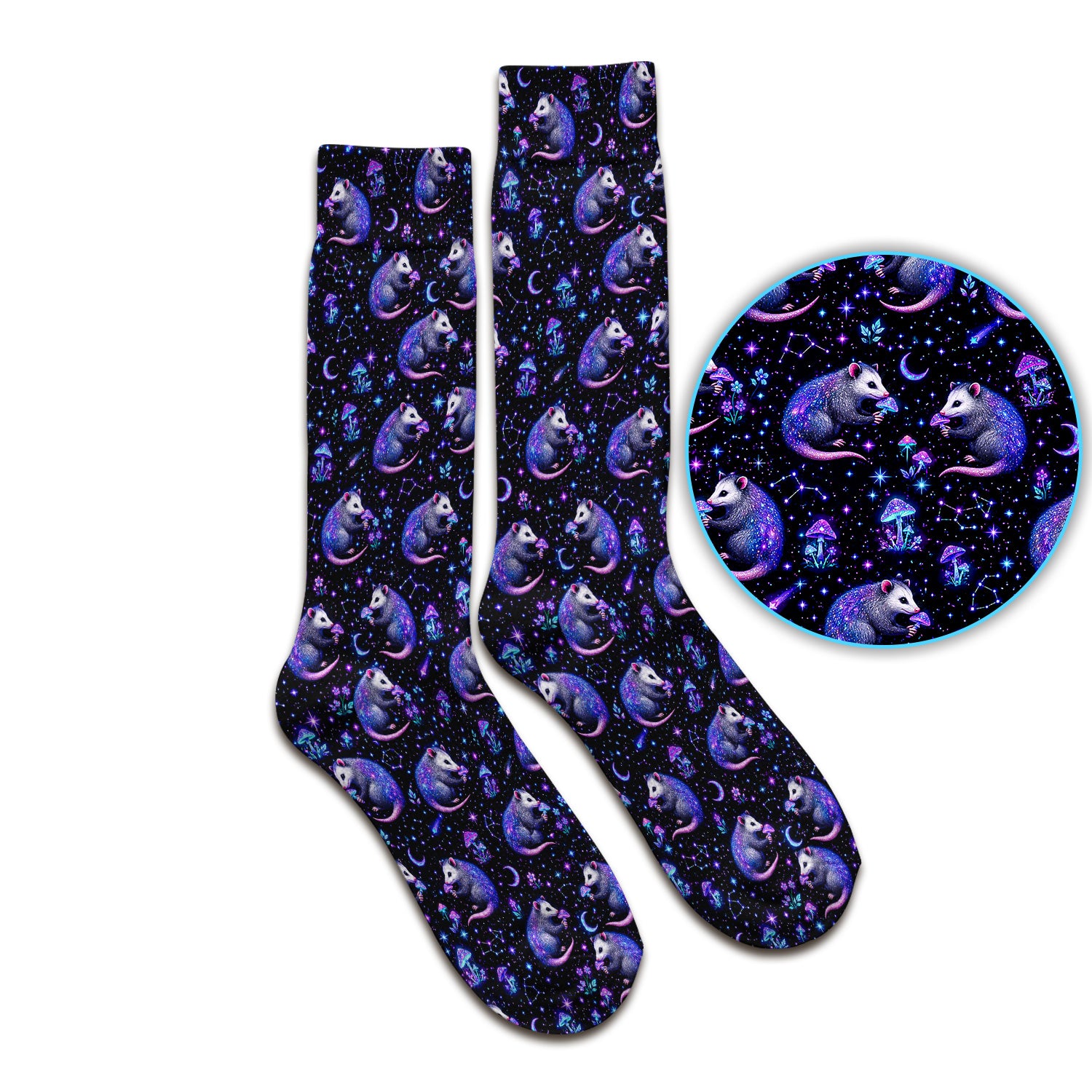 Celestial Purple Opossum With Mushroom Pattern Socks, Adult Socks for Men and Women
