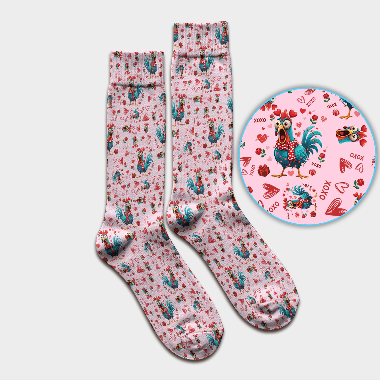Funny Rooster Valentine Scrub Socks, Cute Chicken XOXO Heart Pattern Nurse Sock, Breathable Fabrics Nursing Uniform