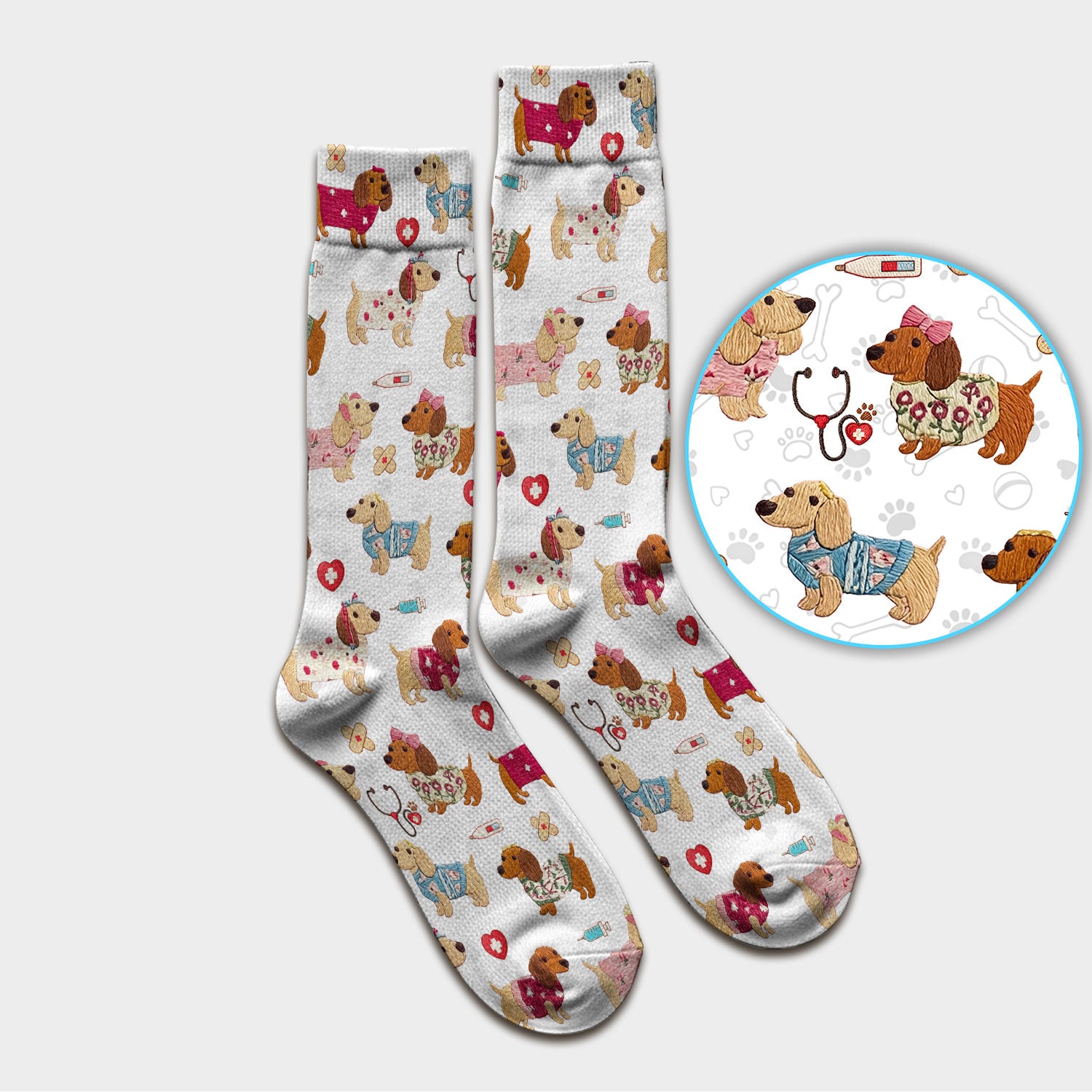 Cute Medical Wiener Dog Pattern Nurse Socks, Dachshund Nursing Scrub Sock, Breathable Fabrics Nursing Uniform