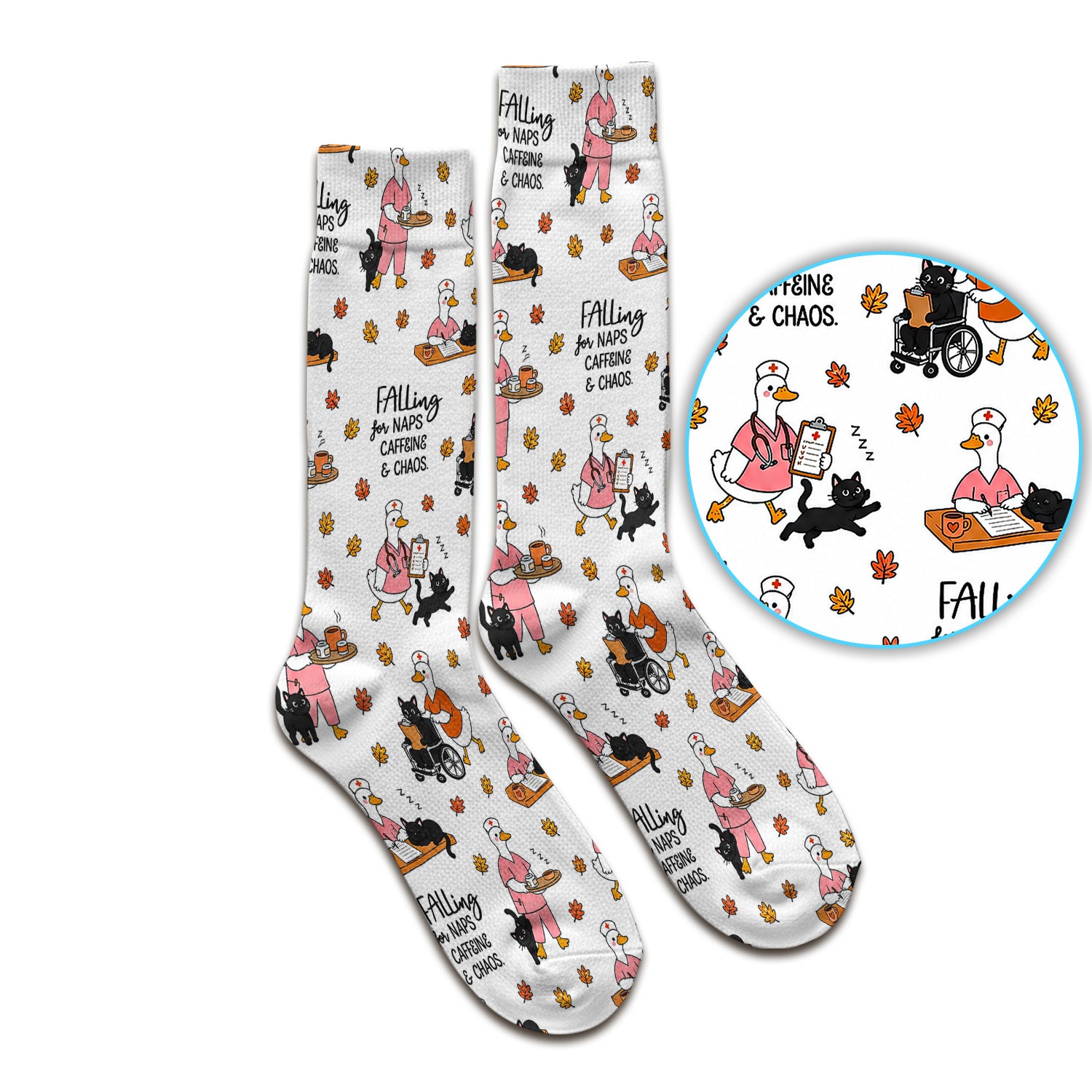 Funny Fall Nurse Goose And Black Cat Socks, Adult Socks for Men and Women