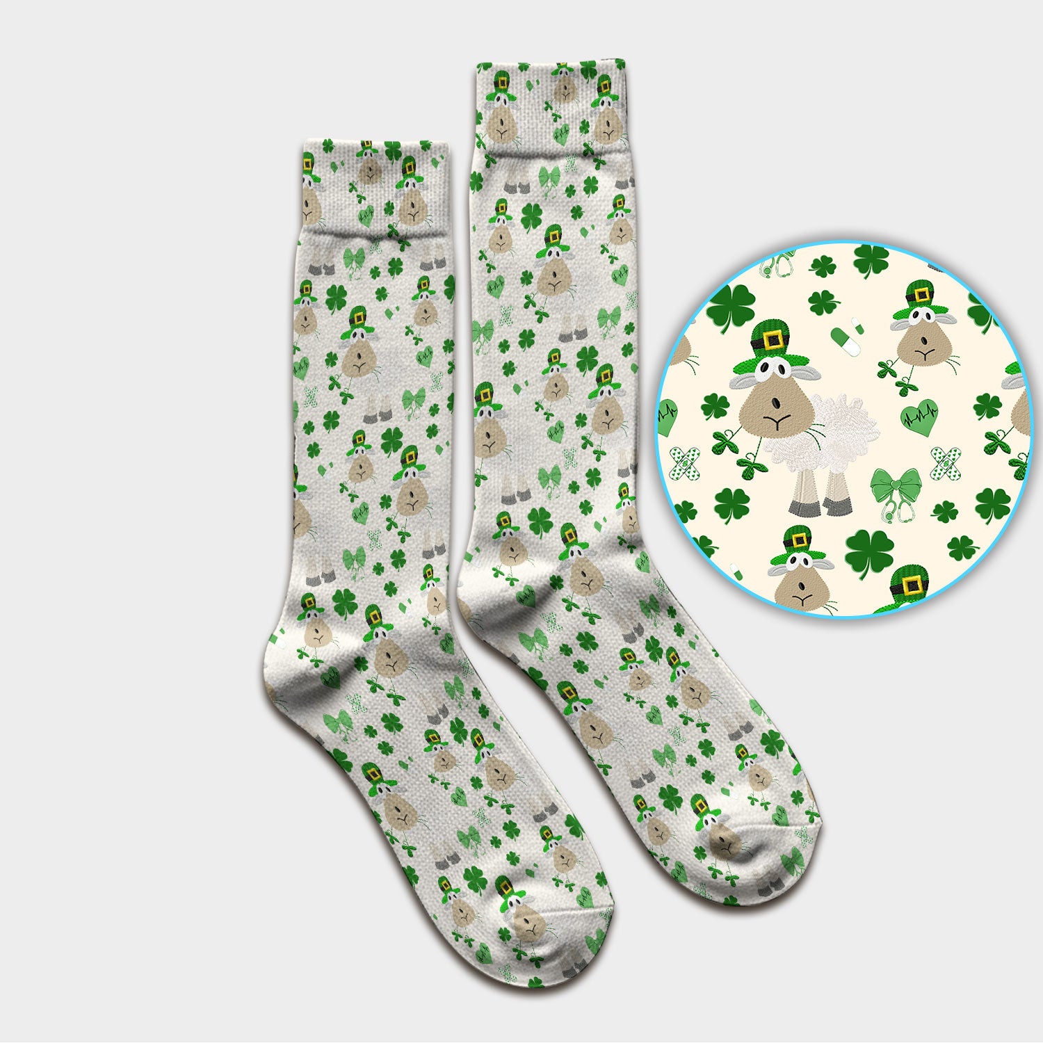 Nurse St. Patrick Scrubs Socks, Cute Sheep Shamrock Pattern Nurse Sock, Breathable Fabrics Nursing Uniform
