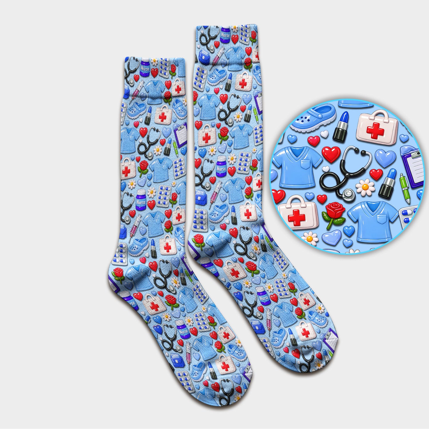 Medical Icons Scrub Socks, Cute Pattern Nurse Sock, Breathable Fabrics Nursing Uniform