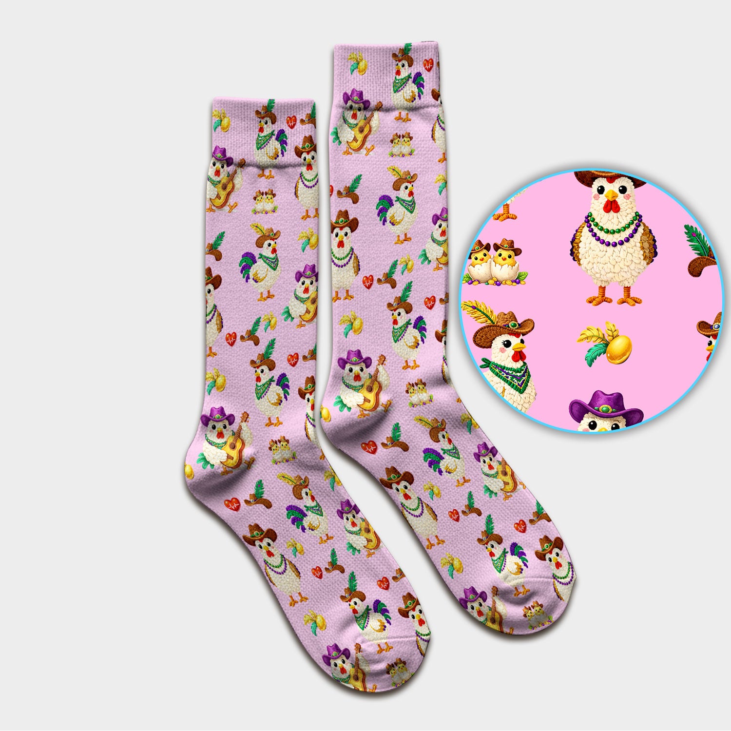 Funny Mardi Gras Rooster Cowboy Print Medical Socks, Socks for Nurse Doctor