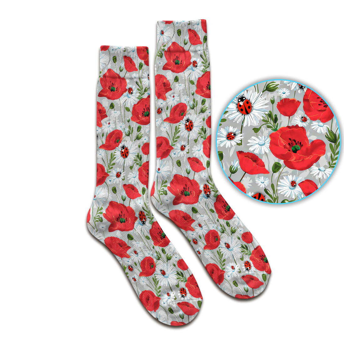 Cute Red Poppy Daisy Ladybug Floral Print Socks, Adult Socks for Men and Women