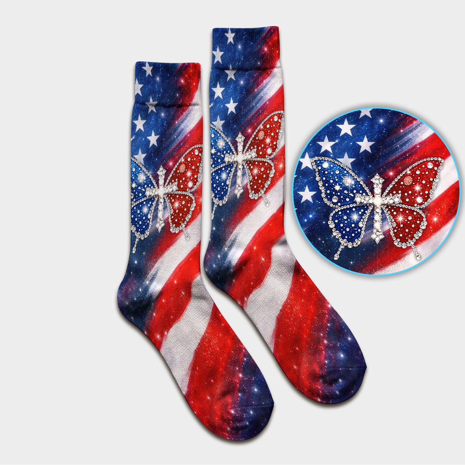 USA Flag Glitter Butterfly Rhinestone Pattern Socks, Breathable Fabrics Medical Uniform