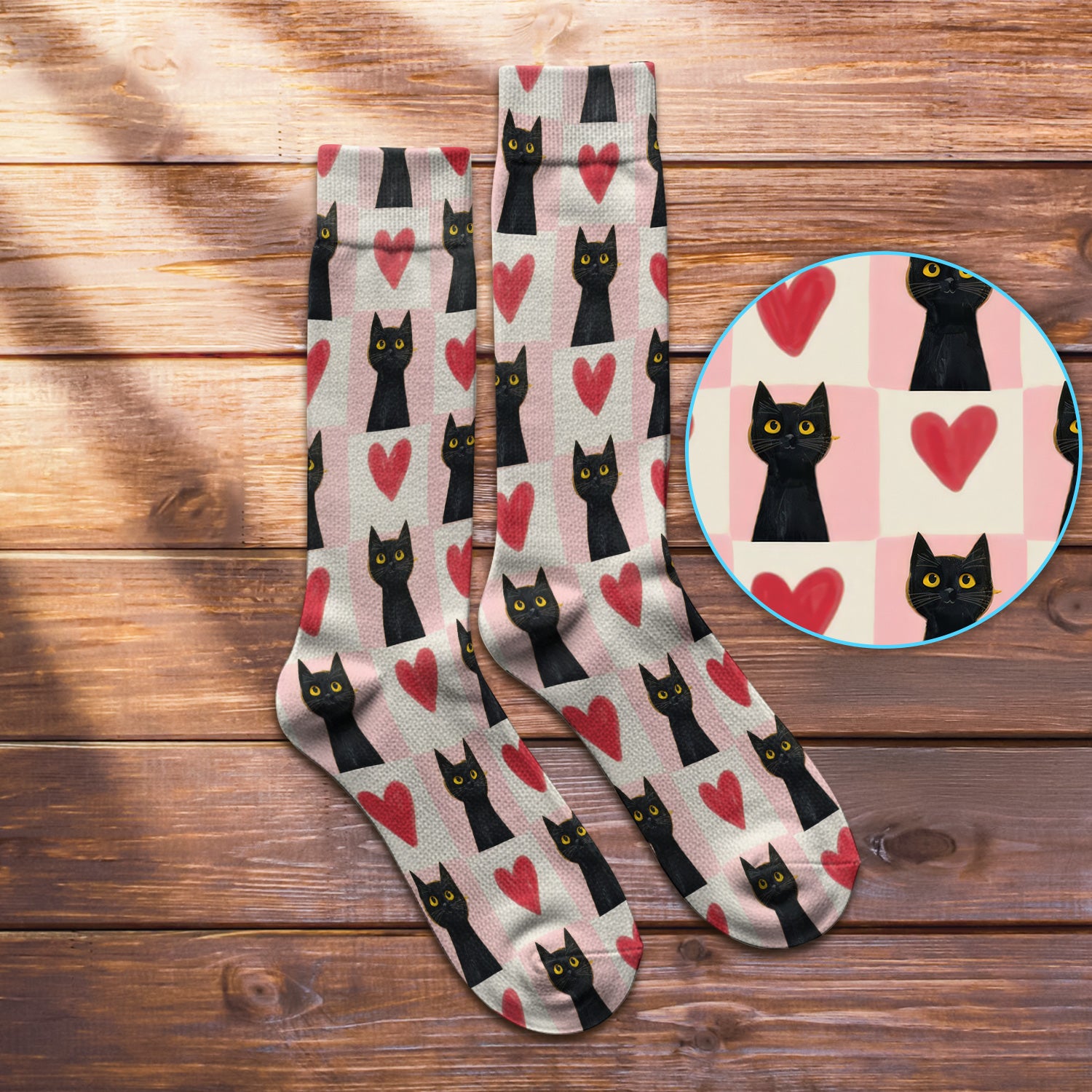 Cute Black Cat Heart Print Crew Socks, Pink Christmas Gift