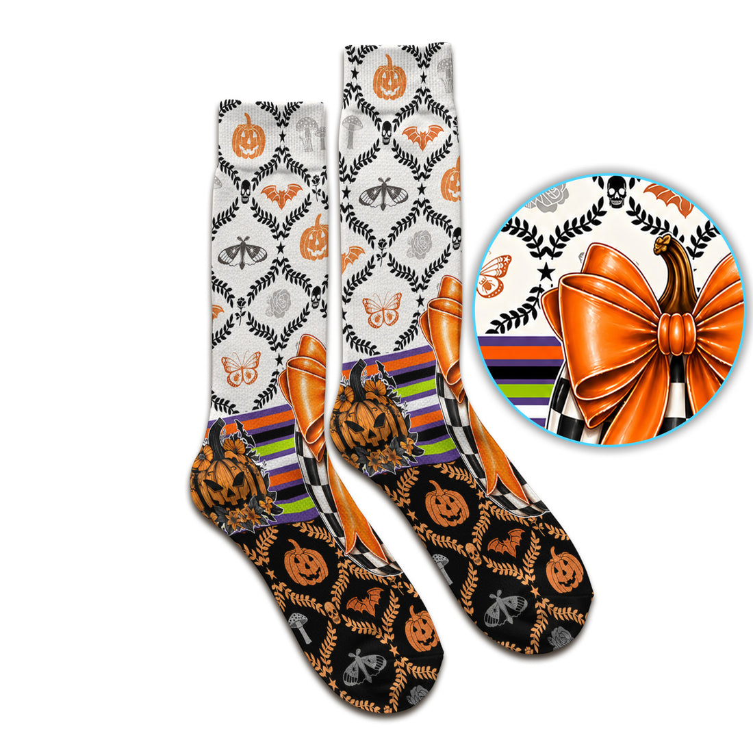 Halloween Checkered Pumpkin With Bow Pattern Socks, Adult Socks for Men and Women