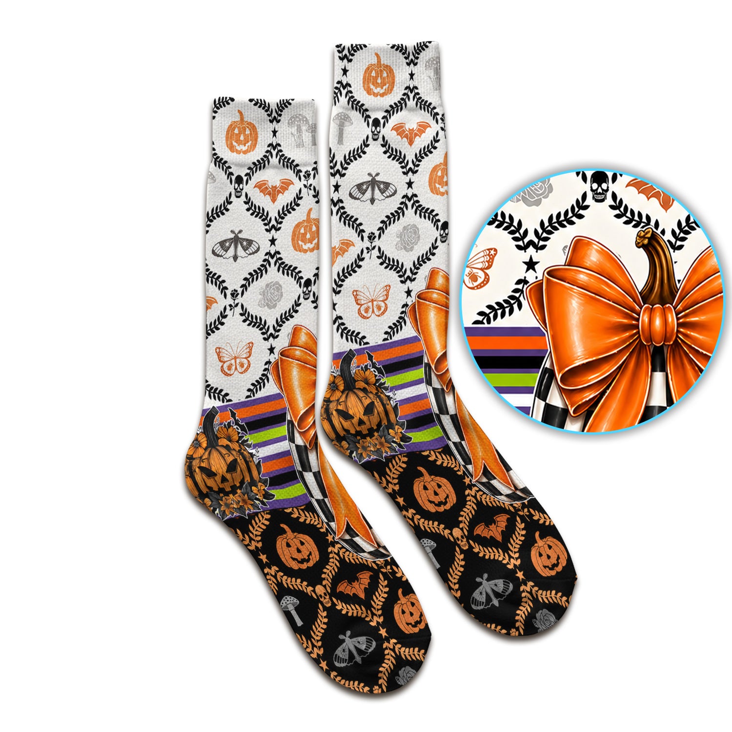 Halloween Checkered Pumpkin With Bow Pattern Socks, Adult Socks for Men and Women