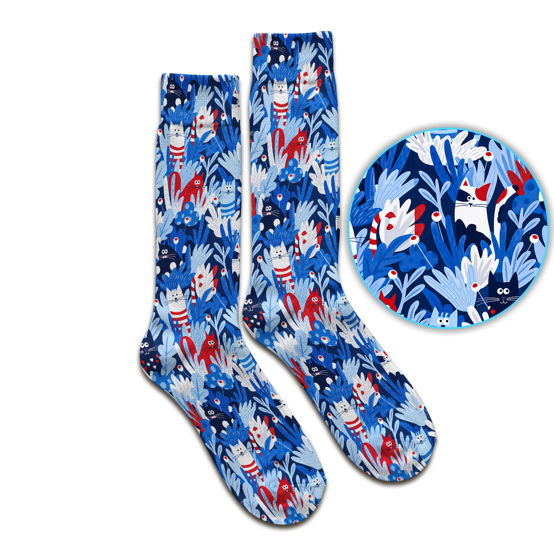 Cute Cats Among Blue Foliage Pattern Socks, Adult Socks for Men and Women