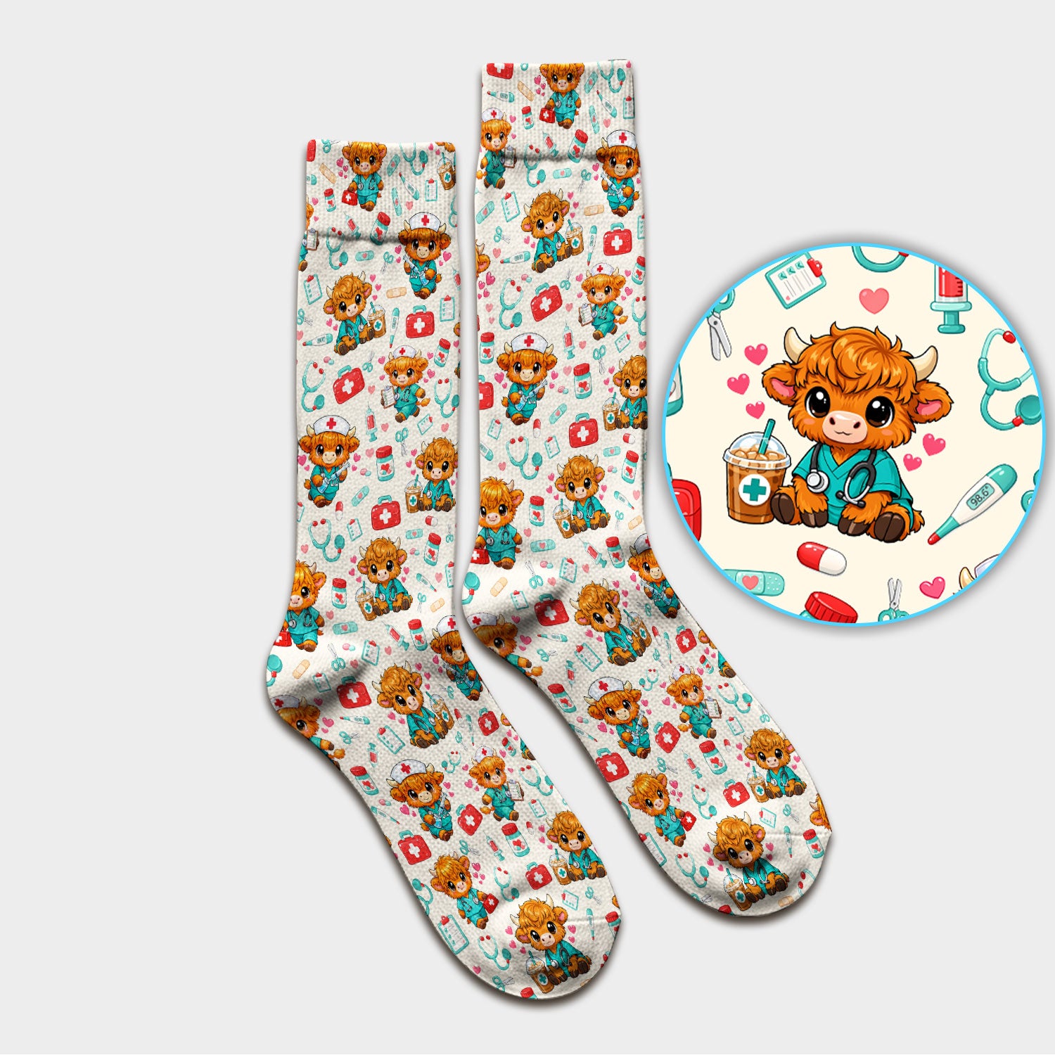 Cute Highland Cow Nurse Scrub Socks, Kawaii Medical Pattern Sock, Breathable Fabrics Nursing Uniform
