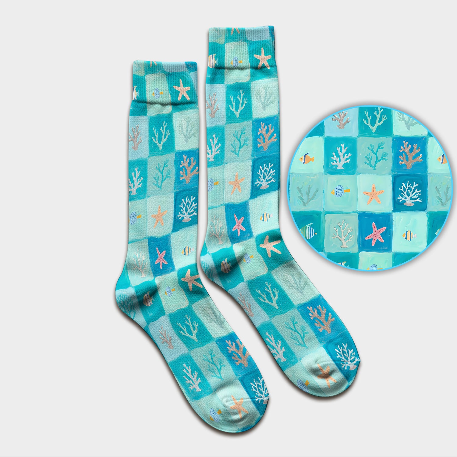 Ocean Coral Fish Starfish Checkered Pattern Socks, Adult Socks for Men and Women