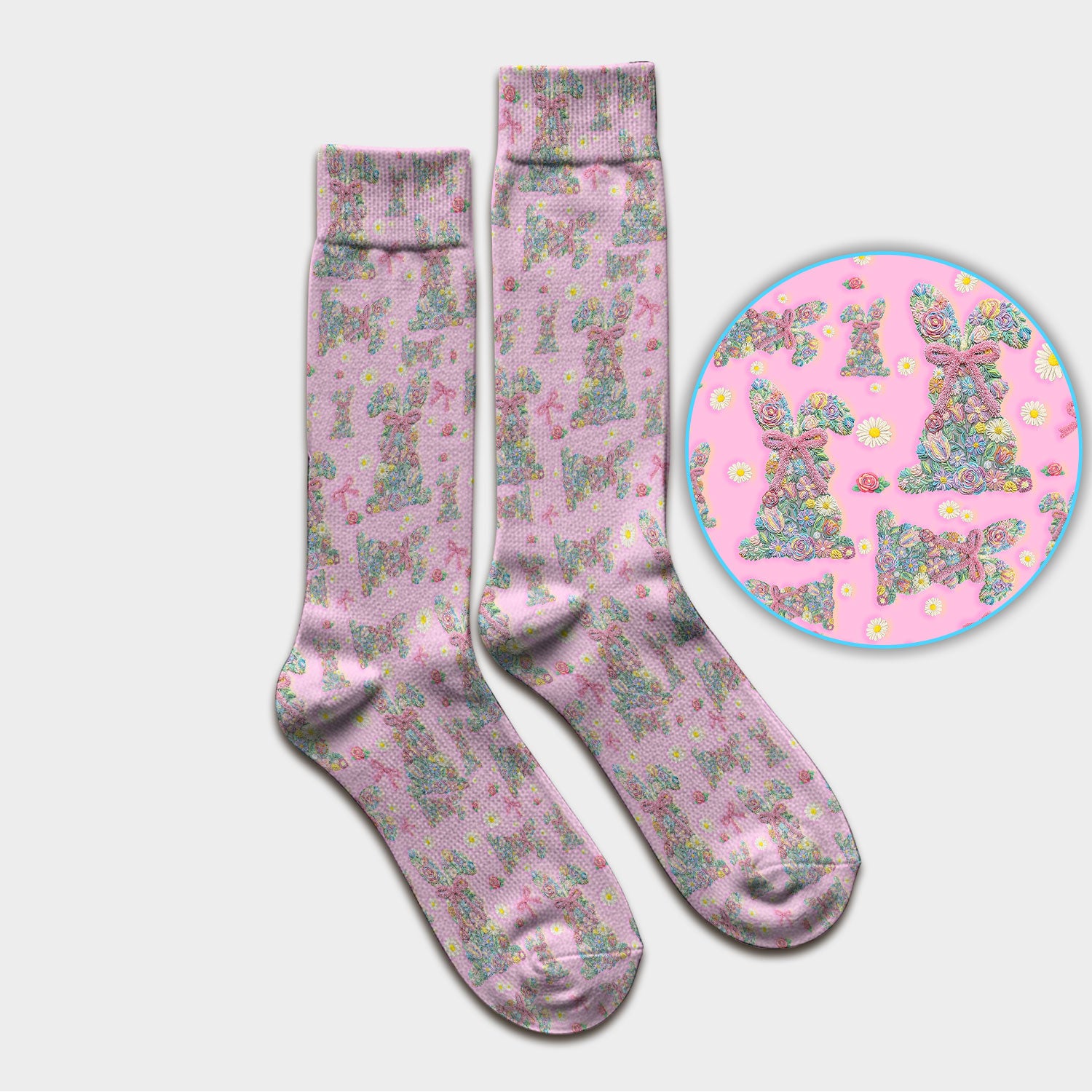 Colorful Floral Bunny with Pink Bow Pattern Socks, Breathable Fabrics Medical Uniform