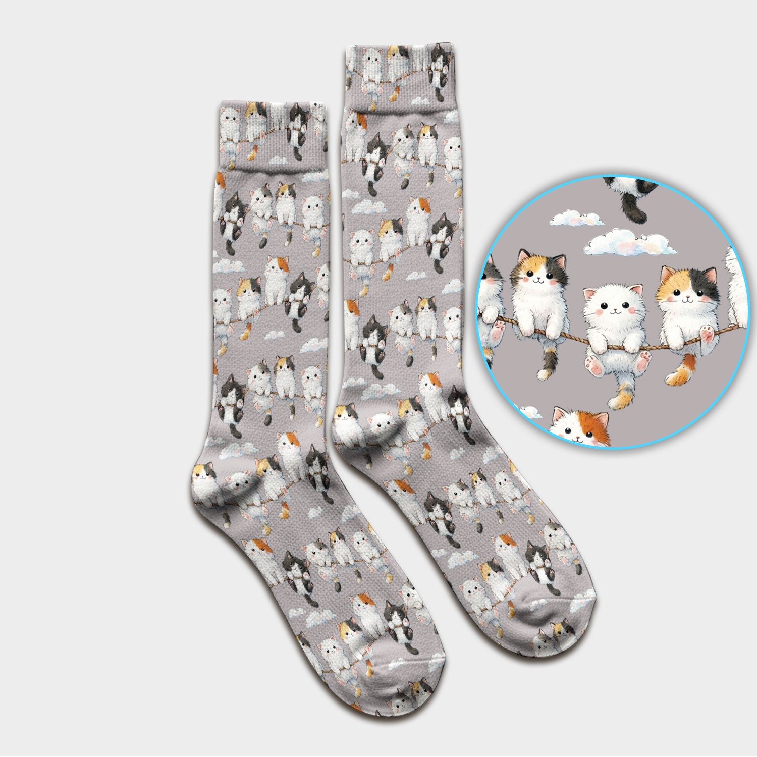 Cute Cats Sitting on Rope Pattern Socks, Adult Socks for Men and Women
