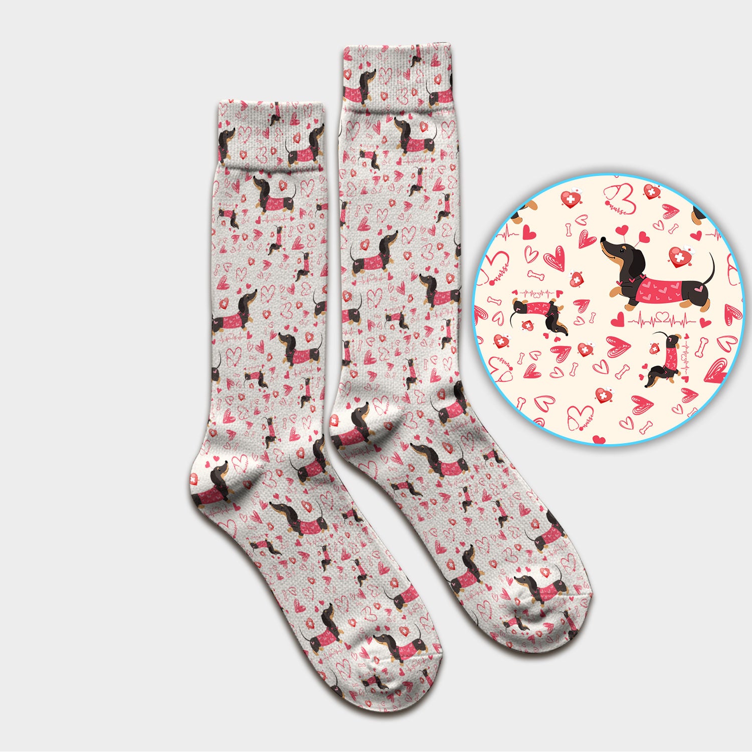 Dachshund Valentine Scrub Socks, Cute Wiener Dog Heart Pattern Nurse Sock, Breathable Fabrics Nursing Uniform