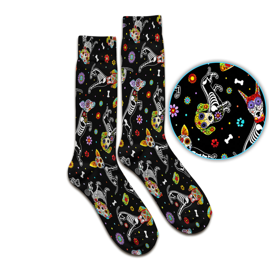 Colorful Day Of The Dead Dogs Socks, Adult Socks for Men and Women