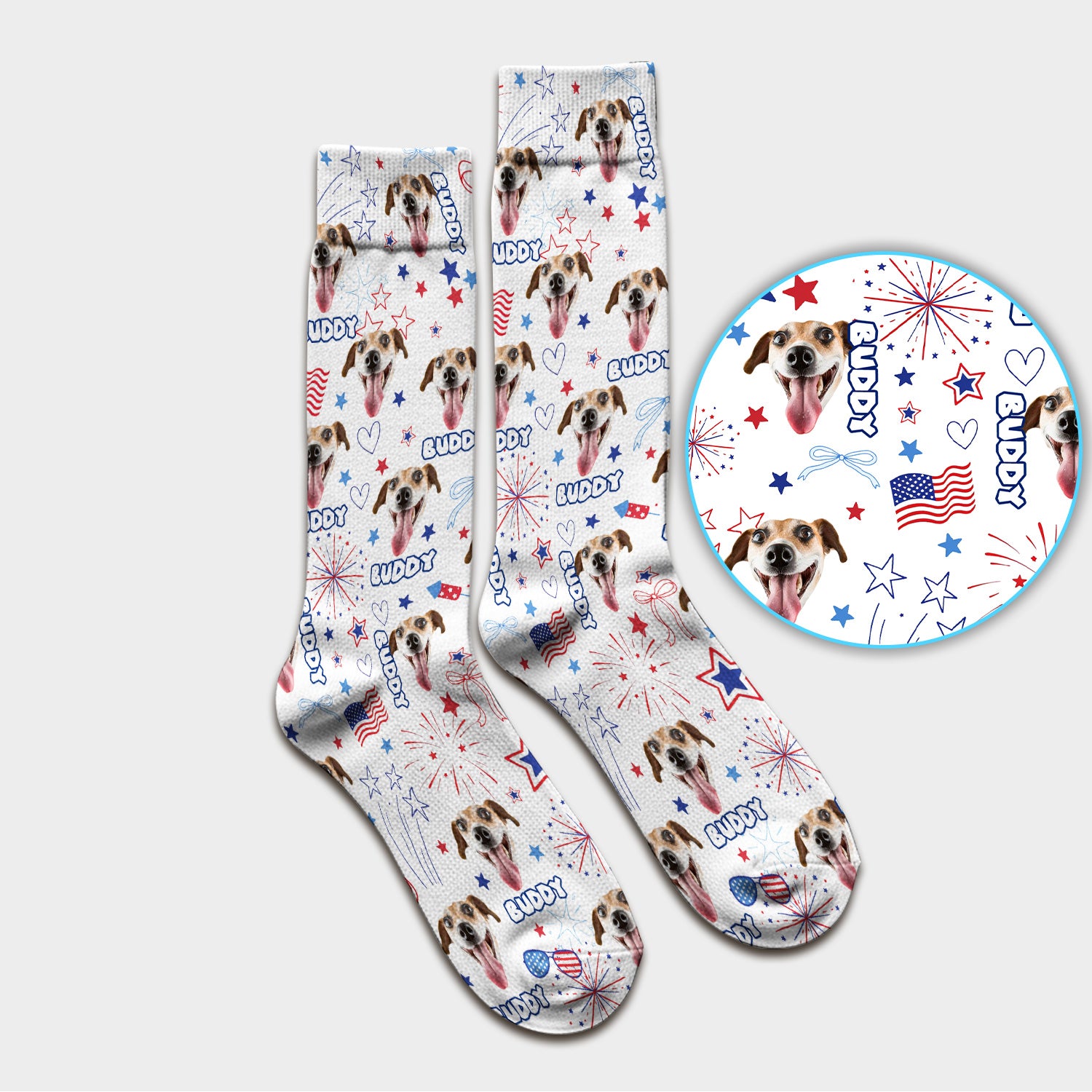 Personalized Patriotic Dog Face Name Pattern Socks, Adult Socks for Men and Women