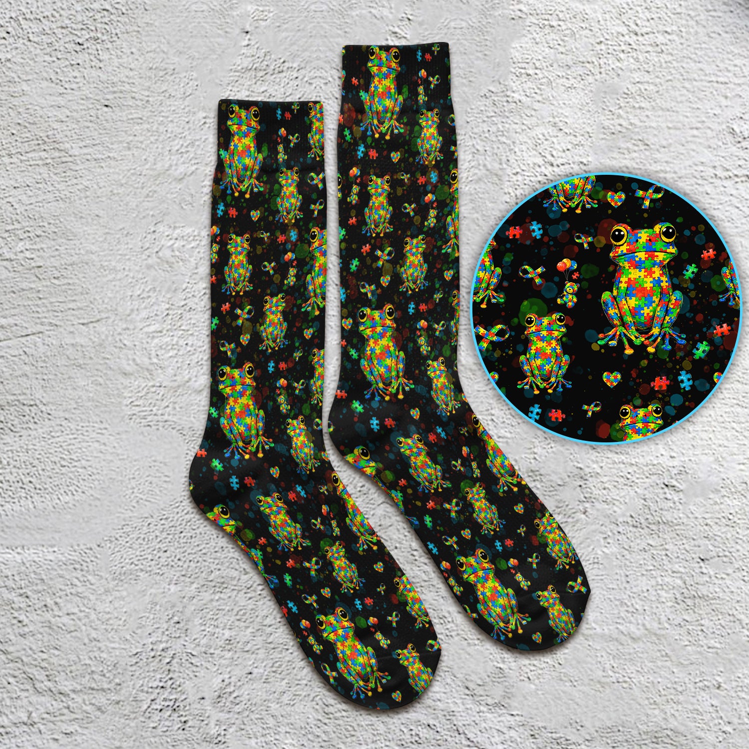 Colorful Autism Puzzle Frog Pattern Socks, Adult Socks for Men and Women