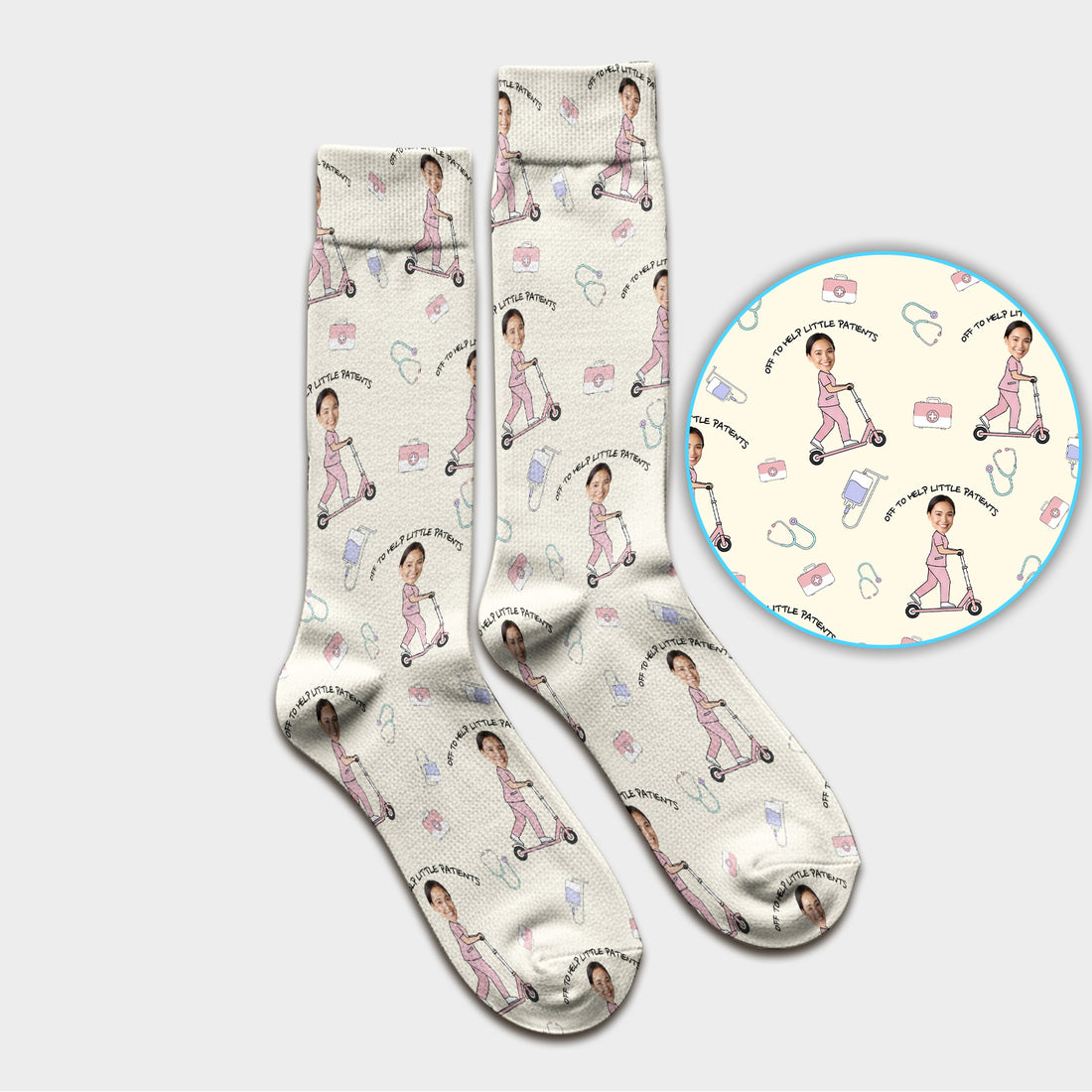 Custom Face Pediatric Nurse Scooter Pattern Socks, Breathable Fabrics Medical Uniform