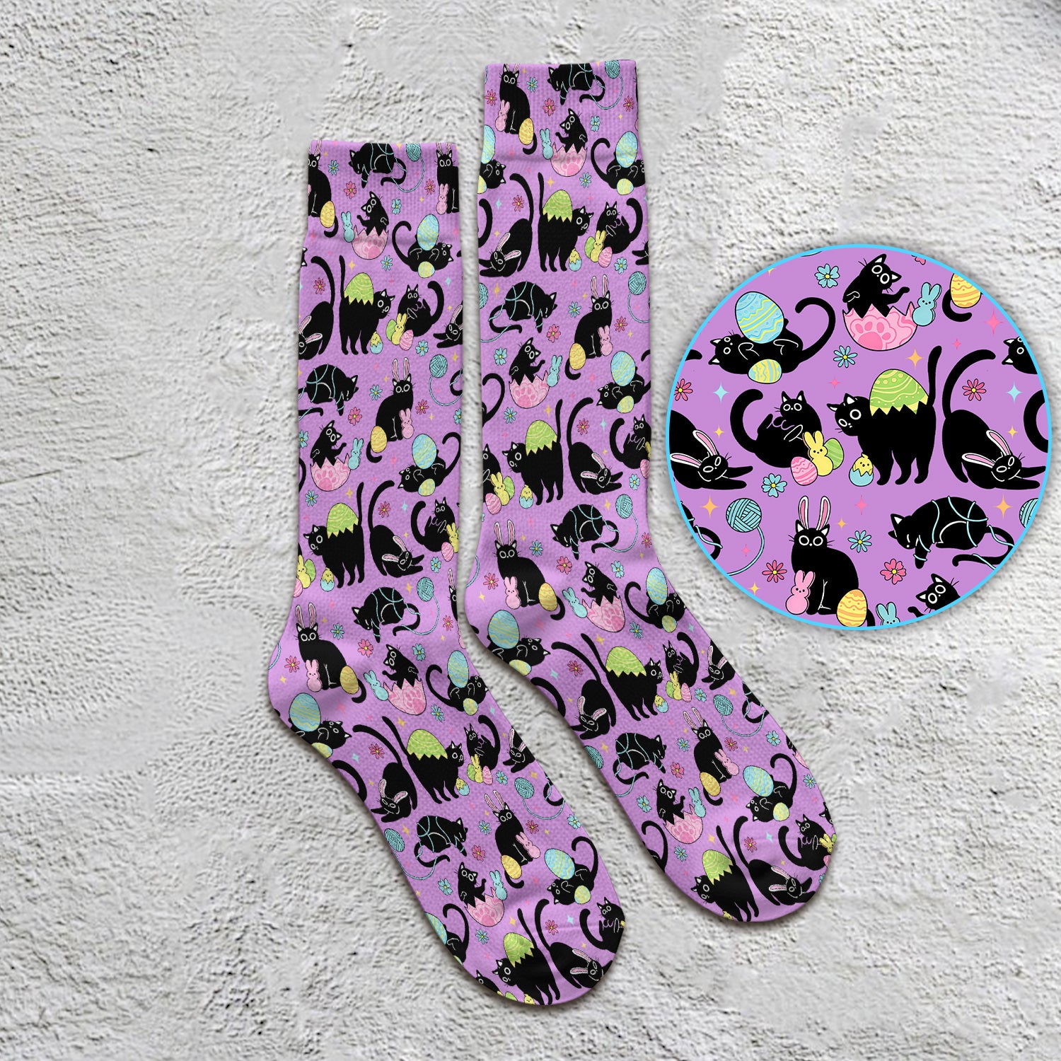 Funny Easter Black Cat Egg Pattern Print Socks, Adult Socks for Men and Women