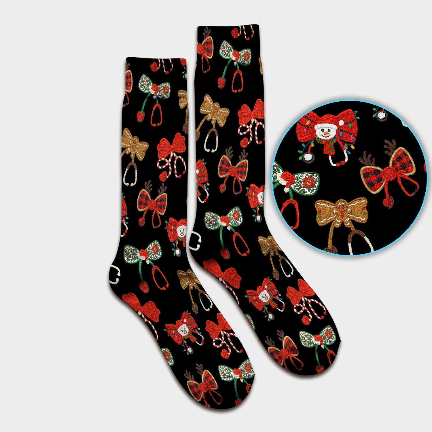 Christmas Stethoscope Bow Nurse Scrub Socks, Xmas Pattern Scrub Sock, Holiday Nursing Uniform