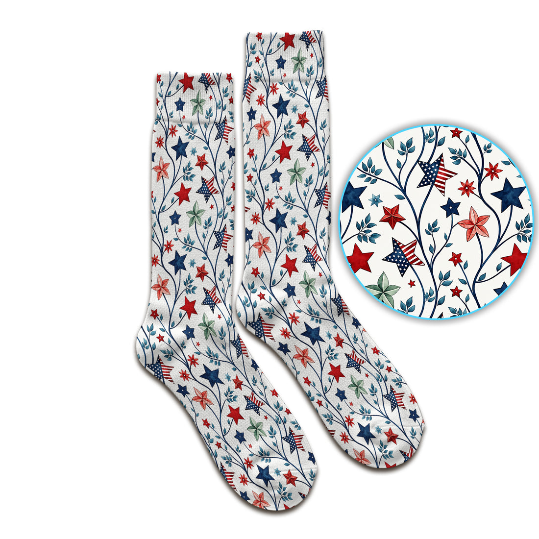 Patriotic Star Vine Floral Print Socks, Adult Socks for Men and Women