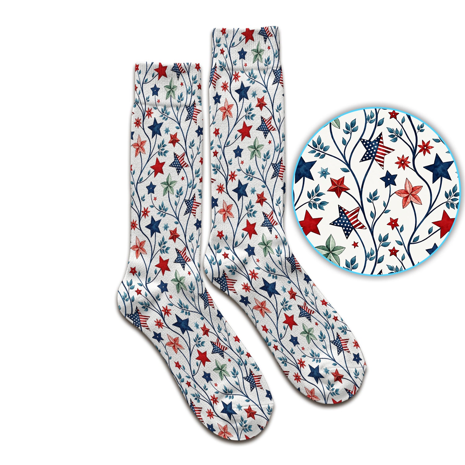 Patriotic Star Vine Floral Print Socks, Adult Socks for Men and Women