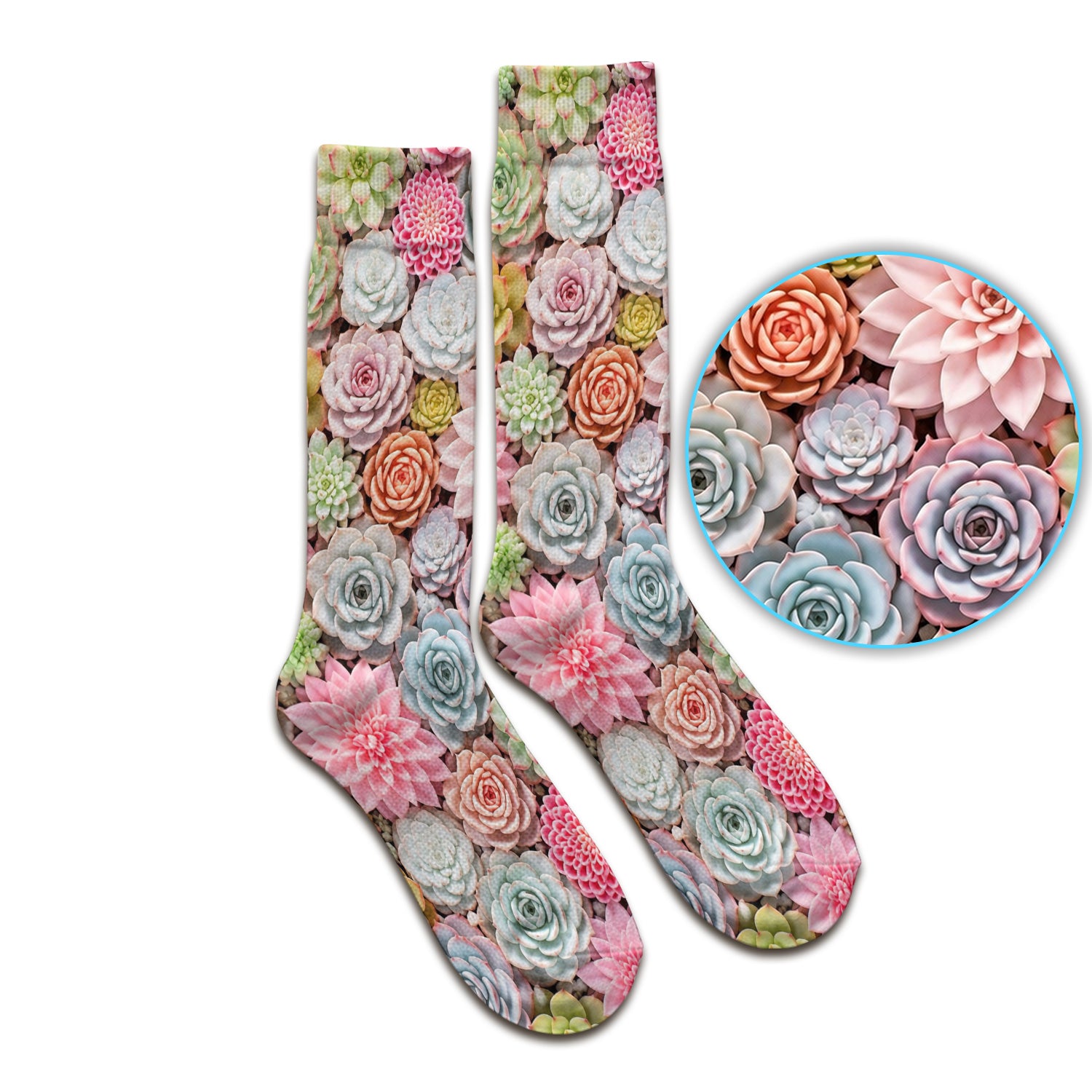 Cute Pastel Succulent Blossom Pattern Socks, Adult Socks for Men and Women